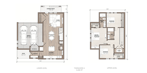 A floor plan of a two-story townhouse with labeled rooms.